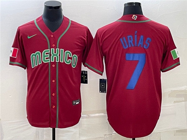 Men's Mexico Baseball #7 Julio Urías 2023 Red Blue World Baseball Classic Stitched Jersey
